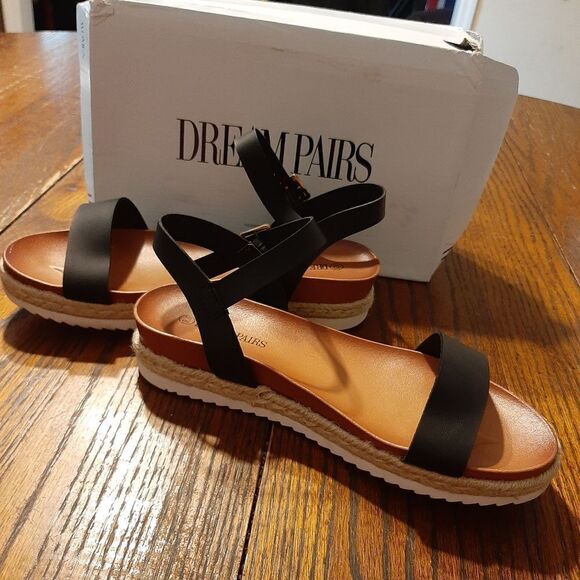 New 9.5 Dream Pairs Black PU Sunna Espadrille Casual Flatform Wedge Shoes Sandal - Picture 9 of 13